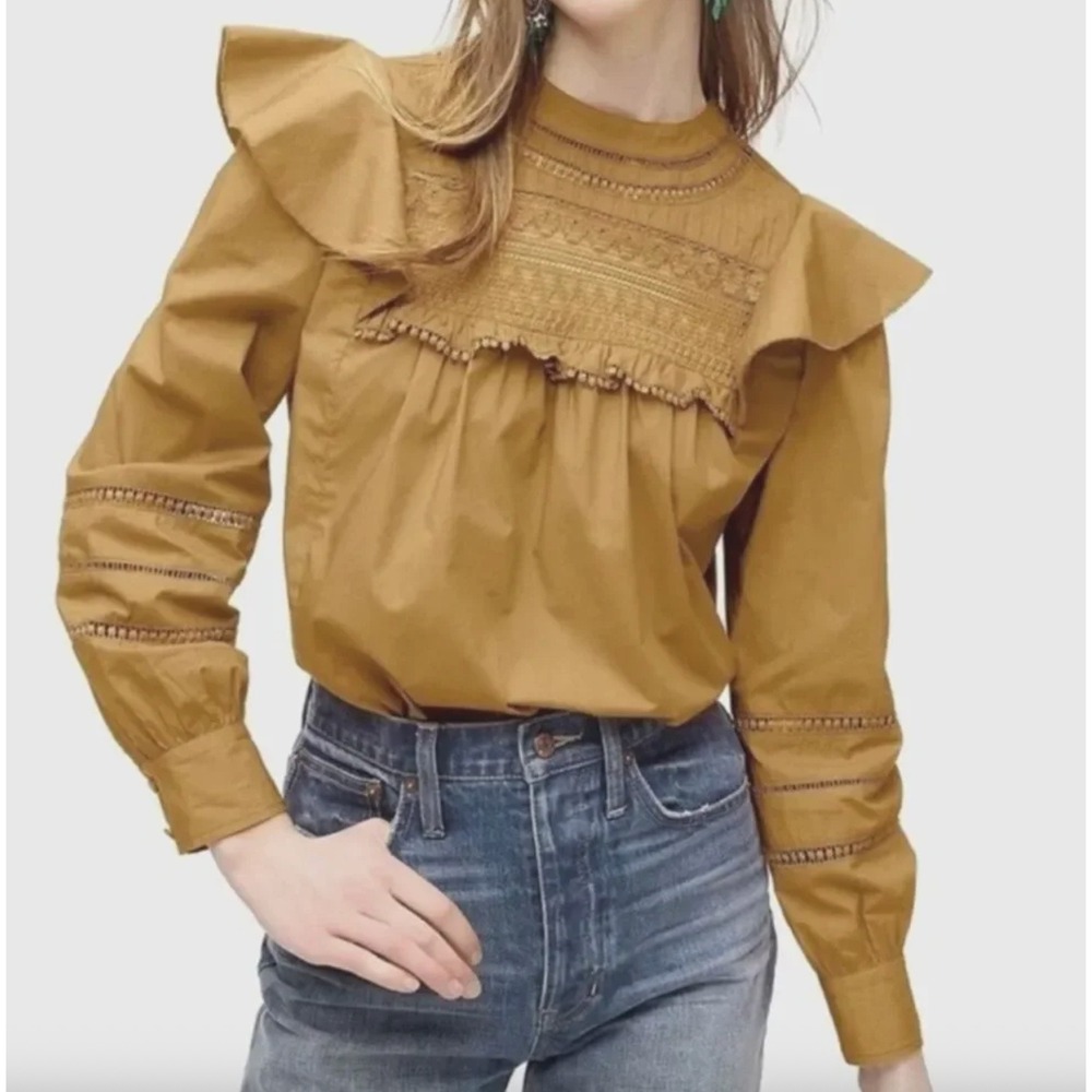 J. Crew Crocheted Lace Ruffle Top Size M Brown Victorian Regency Coquette